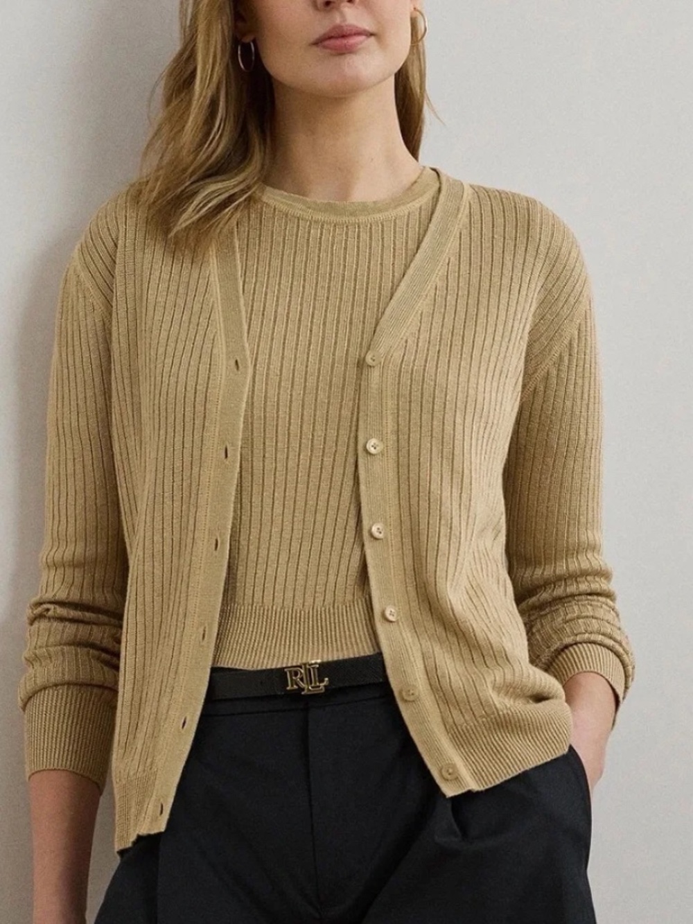 Lauren Ralph Lauren Women's Rib-Knit Linen-Blend V-Neck Cardigan